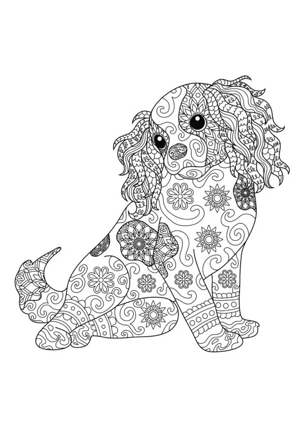 Ausmalbild eines Hundes mit Mustern