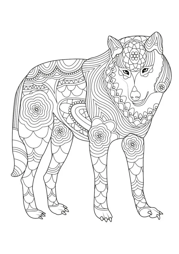 Ausmalbild eines dekorativen Wolfs