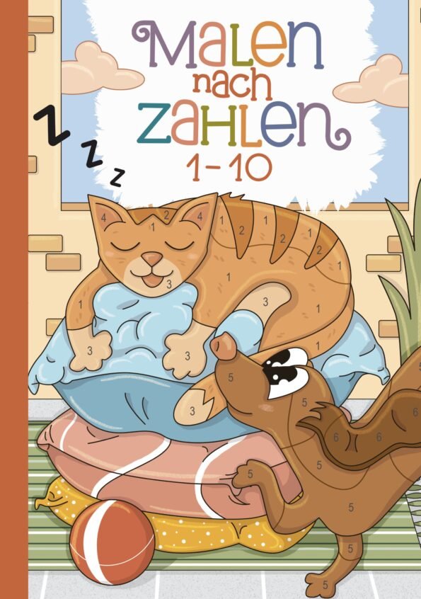 Buchcover: Malen nach Zahlen mit Katzen und Hund.