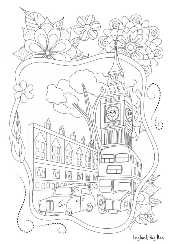 Big Ben Malvorlage mit Blumenmotiv