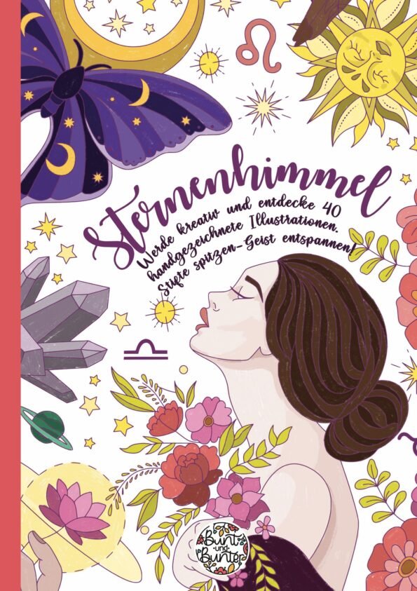 Buchcover Sternenhimmel: Kreativität, handgezeichnete Illustrationen, Entspannung.