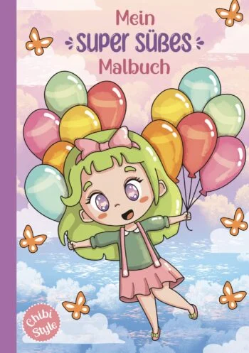 Süßes Mädchen mit Luftballons und Schmetterlingen, Malbuch