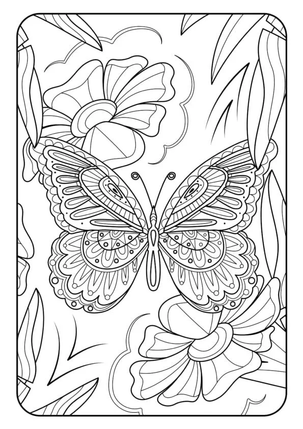Ausmalbild von Schmetterling und Blumen