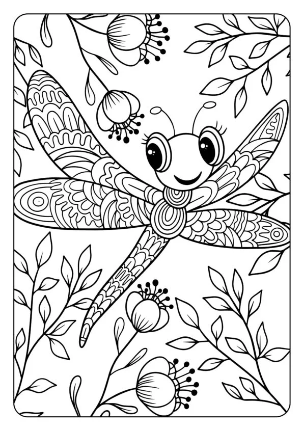 Malbuchseite: Libelle mit Blumen