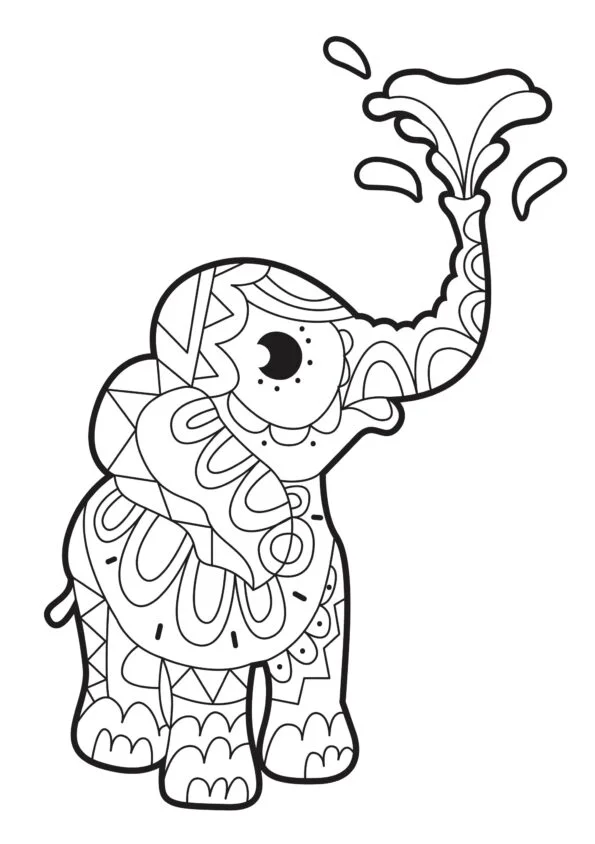 Malvorlage Elefant, spritzendes Wasser