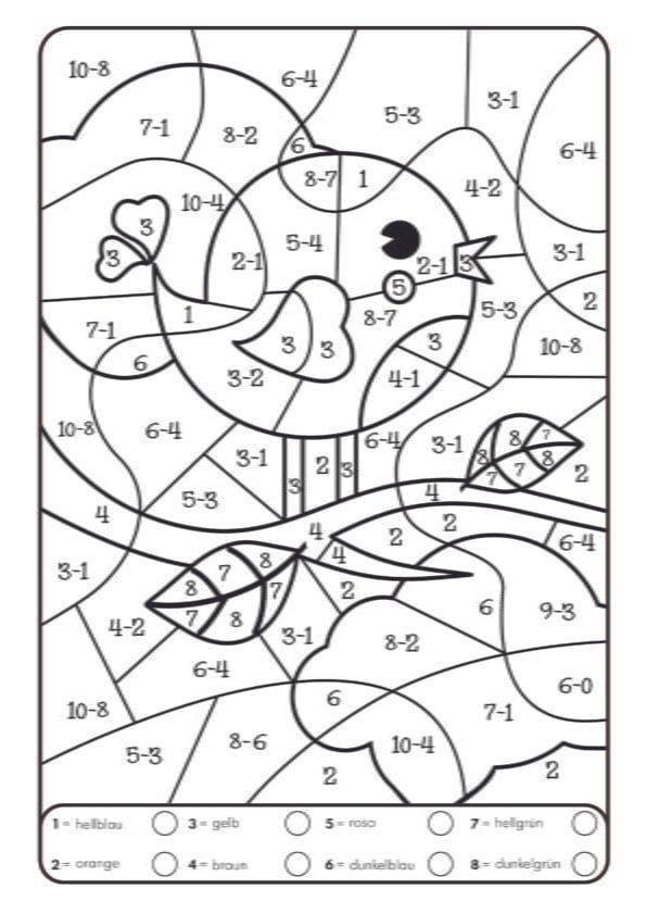 Malvorlage: Mathe-Vogel, Zahlen zum Ausmalen.