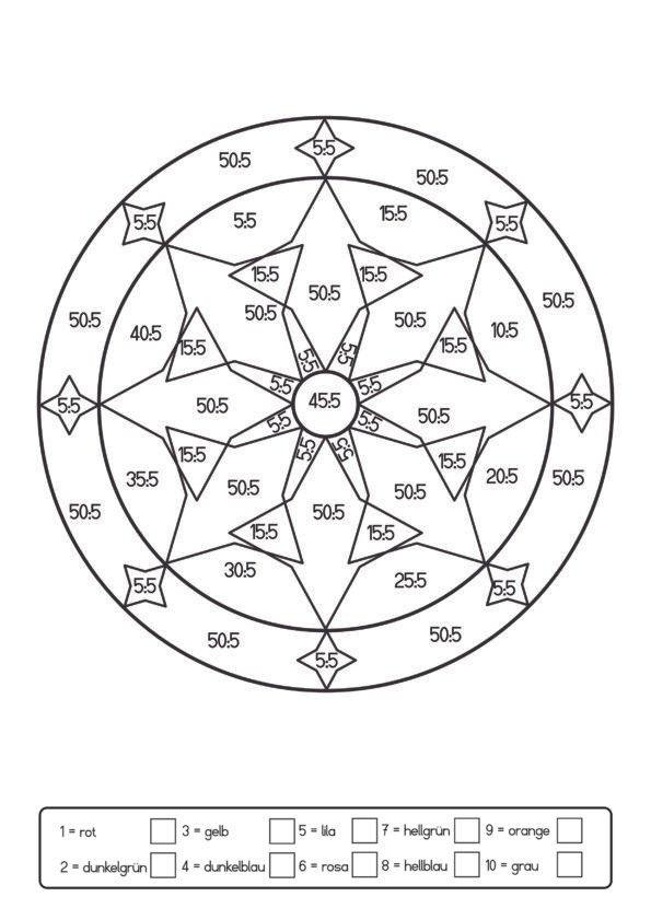 Zahlen-Mandala zum Ausmalen mit Farbschlüssel.