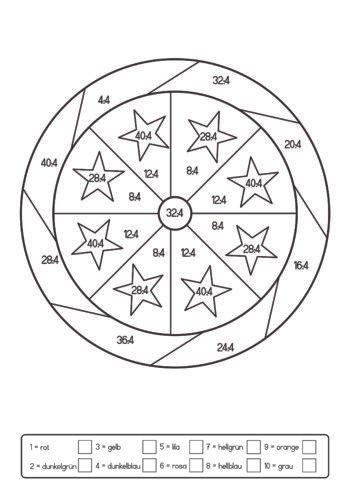 Mathe-Zahlenrätsel in Stern- und Kreisform zum Ausmalen