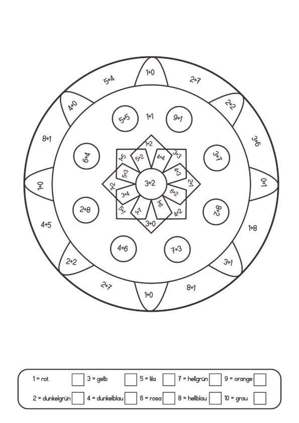 Mathe-Mandala zum Ausmalen mit Rechenaufgaben und Farbcode.