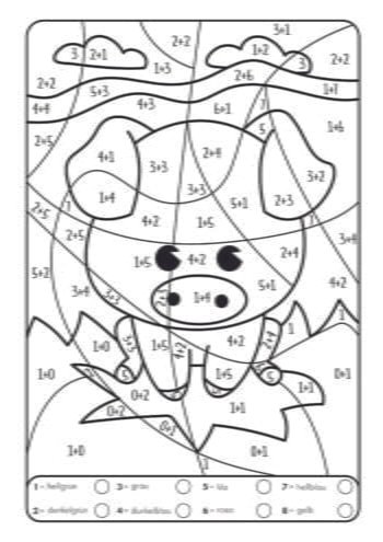 Ausmalbild eines Schweins mit Farbcodes und mathematischen Aufgaben