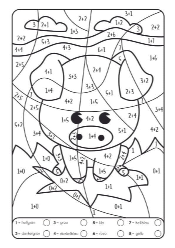 Ausmalbild eines Schweins mit Farbcodes und mathematischen Aufgaben