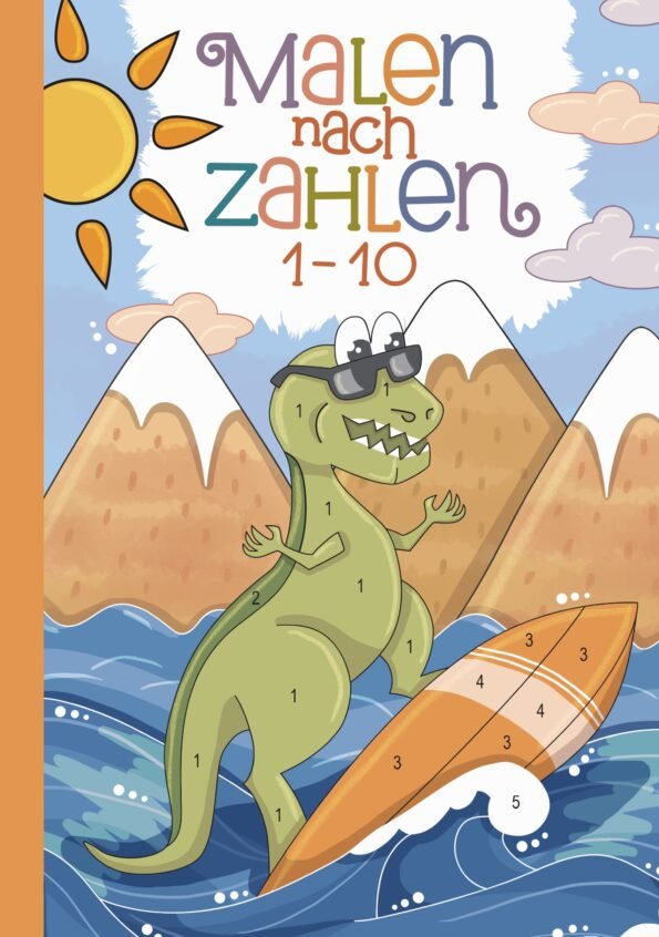 Malbuch: Malen nach Zahlen mit Dinosaurier 1-10.