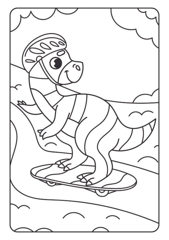 Dinosaurier fährt Skateboard, trägt Helm