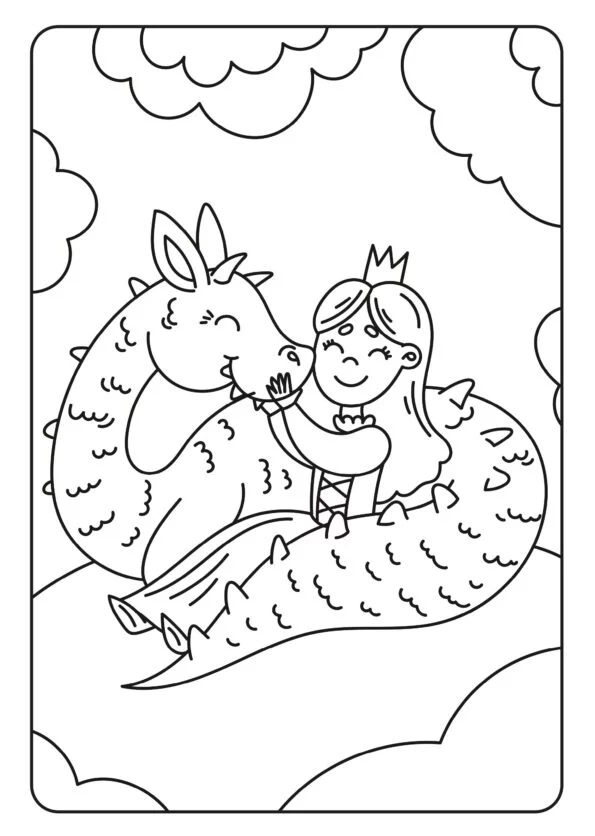 Prinzessin umarmt freundlichen Drachen auf Wolke.