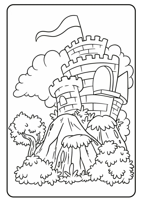 Schwarz-Weiß-Zeichnung einer Burg auf einem Hügel