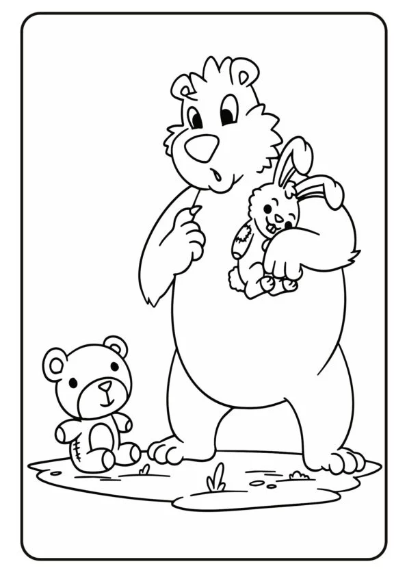 Bär trägt einen Hasen, daneben ein Teddy
