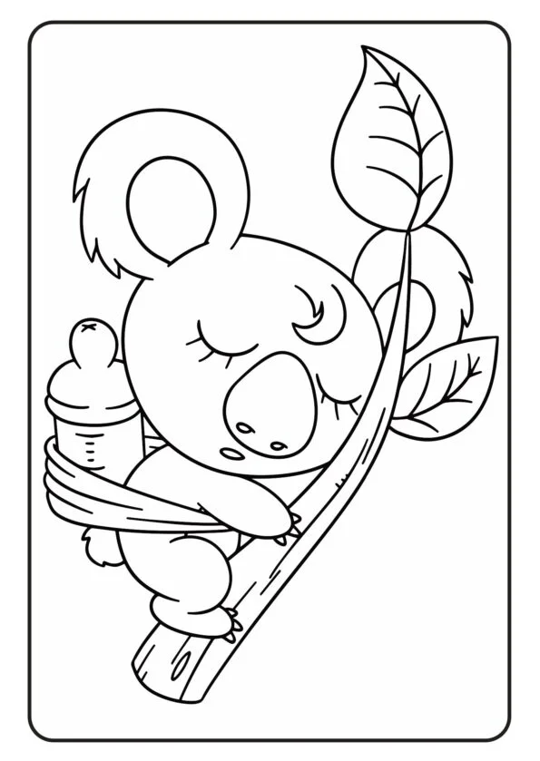 Schlafender Baby-Koala im Baum mit Flasche