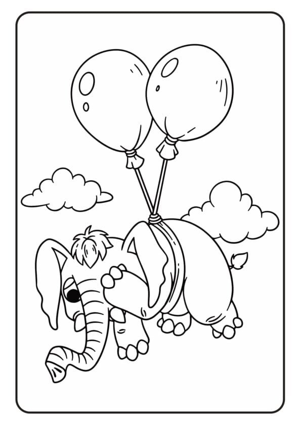 Fliegender Elefant mit Luftballons und Wolken