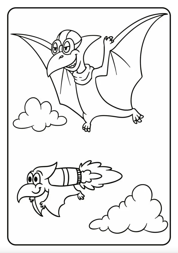 Zwei Cartoon-Flugsaurier fliegen durch Wolken