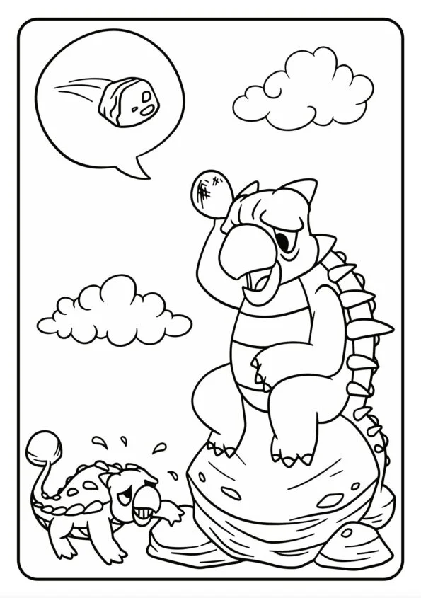 Comic-Dinosaurier spricht über fallenden Stein.