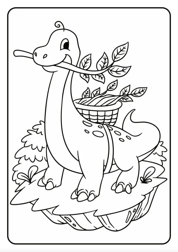Malvorlage fröhlicher Dinosaurier mit Blättern im Maul.