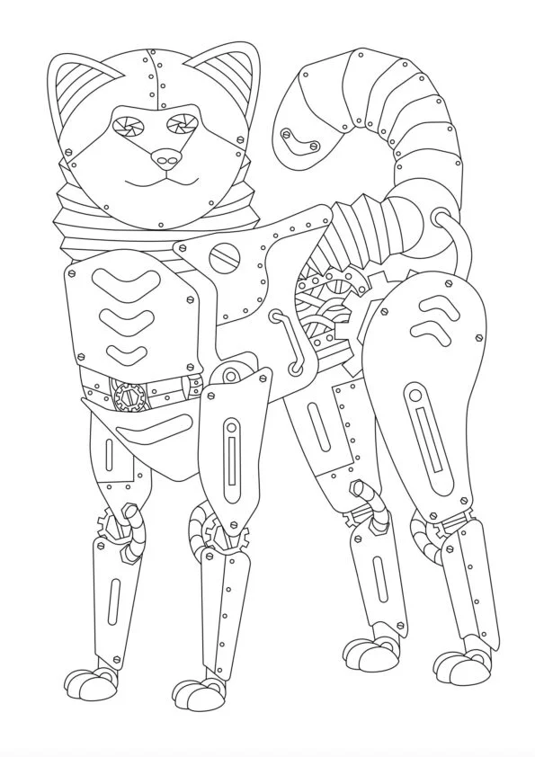 Zeichnung eines Roboter-Katzenhund-Hybriden.
