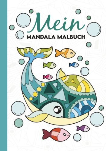 Mein Mandala Malbuch Cover mit buntem Wal