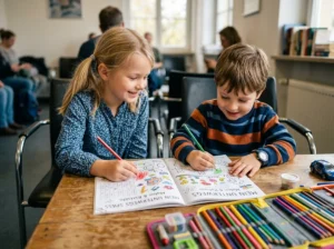 Zwei Geschwister malen friedlich gemeinsam an einem Tisch