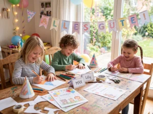 Illustration: Kindergeburtstag zum Ausmalen: Gratis-Vorlagen für Einladungen, Tischkarten, Partyhüte und Wimpelketten, die Kinder selbst gestalten